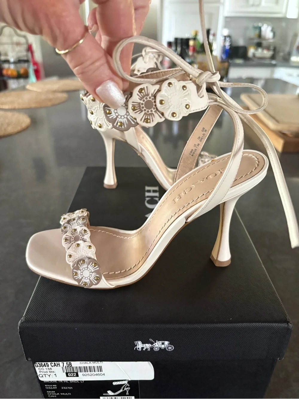 Coach Ivory Floral-Appliqué Ankle-Strap Heels